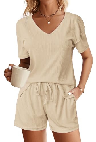 NLAND Löst sittande träningsoverall för kvinnor 2 delar sommardräkter hem kortärmad t-shirt och shorts sportdräkt mode V-ringad sportdräkt, Beige, L