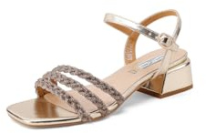 QUEEN HELENA ZM9944 - Sandalias elegantes para mujer con pedrería de tacón bajo con correa, dorado, 38 EU