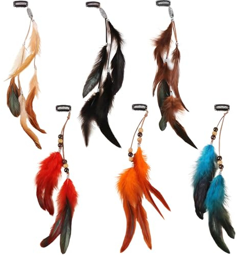 SSKHE 6 extensiones de pelo de 6 colores con plumas, clip para la cabeza, extensiones de pelo con plumas bohemias para mujeres y niñas, accesorio para el pelo para disfraz de carnaval, Halloween