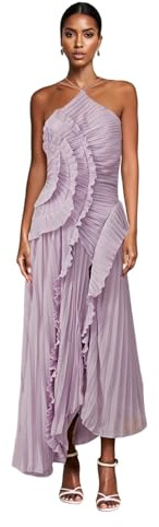 Vestido largo plisado con volantes para mujer, sin mangas, cuello halter, irregular, plisado, de gasa, para invitados de boda, Morado (, S