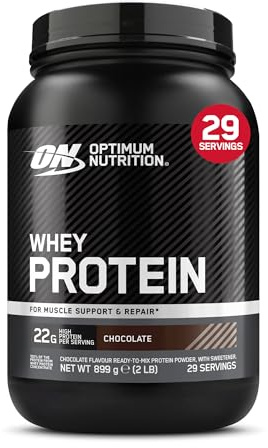 Optimum Nutrition Whey Protein Powder, Chocolate Flavour, 22 g High Protein Per Serving, Ready-to-Mix Whey Concentrate with Sweetener, Muscle Support and Repair, 899 g, 29 Servings