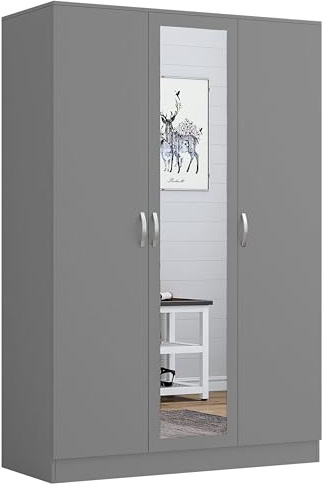 Nera Grey 3 Door Wardrobe with Mirror and Shelves 180cm for Bedrooms