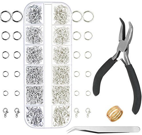 Anezus Jump Rings for Jewelry Making Supplies with Jump Ring Pliers (1200Pcs Dull Silver and Bright Silver)
