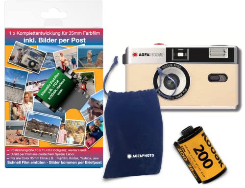 AgfaPhoto analoge 35mm Foto Kamera im Komplettset: Farbbilder Film + Batterie + Entwickung für Farbfotos (per Post)