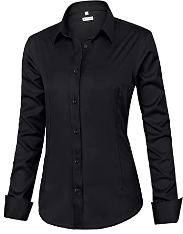 siliteelon Womens Classic-Fit Dress Shirts Long Sleeve Button Down Wrinkle-Free Stretch Solid Casual Work Office Blouse Top Black Medium