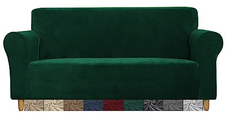 CMAKER Velvet Sofa Covers - 3 Seater Stretch Couch Cover with Non Slip Elastic Bottom - Furniture Protector Sofa Slipcovers for Pets (Dark Green)