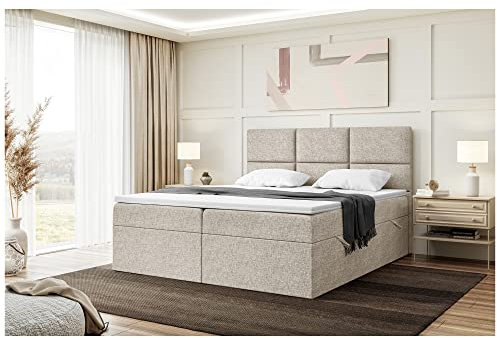 MEBLINI Boxspringbett mit Bettkasten - Gepolstert Doppelbett mit Matratze und Topper - Polsterbett mit Stauraum - Bett mit Kopfteil - Stauraumbett - KYLIAN - 180x200 - H3/Beige Webstoff