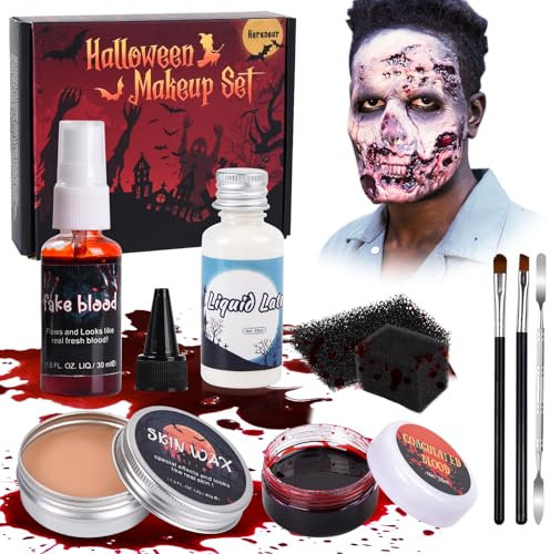Herenear Liquid Latex Latexmilch, Halloween Flüssigkeit Latex, Halloween Makeup Spezialeffekt Haut Wachs, Flüssigkeit Latex Kit - Fake Gefälscht Blut, Pinsel, Schwamm, Hautwach für Kinder Karneval