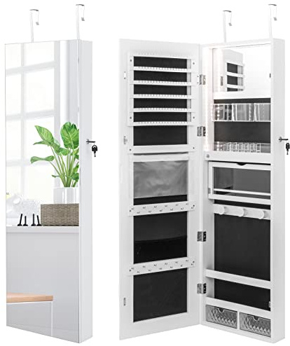 COSTWAY Armario Joyero con Espejo de Puerta para Joyas con Cerradura y Luces de 3 Colores - Espejo Interior con Estante Plegable y Cajas de Almacenamiento de Plástico (Blanco)