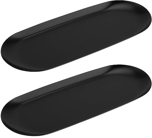 CHEUKYIU 2 bandejas de metal negro de 22,8 x 9,5 cm, bandeja decorativa de acero inoxidable, para cosméticos, ovalada, bandeja de metal, objetos pequeños, para mantequilla, aperitivos, postres, velas,