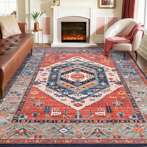 SERISSA Washable Rugs 8x10 Area Rugs, Large Non-Slip Boho Living Room Rust Rug, Ultra Soft Vintage Print Distressed Oriental Tribal Farmhouse Carpet for Dining Room Bedroom Dorm Office Home Decor