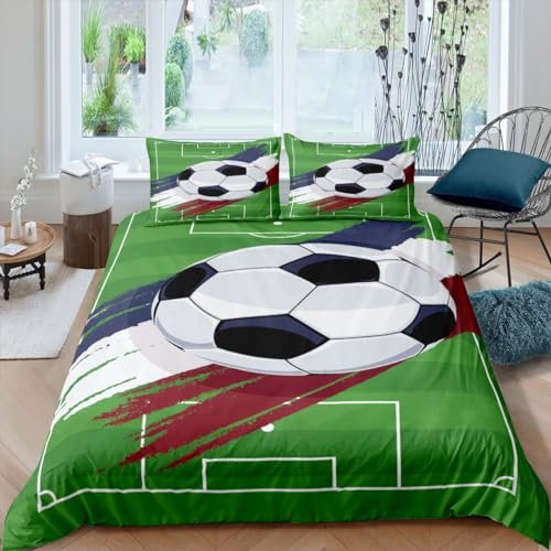 TSOPEFI Fußball Kinderbettwäsche 135x200,3D Fußball-Motiv Jungen Teenager Sport Bettbezug-Set,Blau,Grün Weicher Bequemer Bettbezug für Erwachsene und Kinder (Grün, 135 x 200 cm)