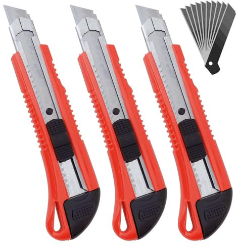 3piezas Juego de cuter con 10piezas Recambio Cuchillas Cutter, Cuchillas SK5 de 18mm, cuchillos multiusos portátiles retractil, Cuchillo Utilitario, para alfombras cortador de papel