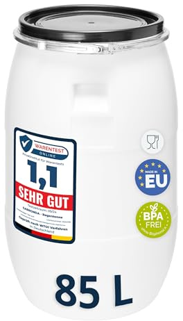 Garronda 85 liter bredhalsfat med lock – BPA-fri HDPE-behållare för vatten, regnvatten, förvaring och djurfoder, livsmedelssäkert universalfat för trädgården GD-0078, Vit