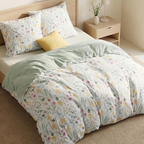 BEDSURE Juego de ropa de cama 200x200 3 piezas - Juegos de ropa de cama de 200 x 200 cm con 2 fundas de almohada de 80x80 cm, ropa de cama reversible OEKO-TEX con estampado de flores y plantas para