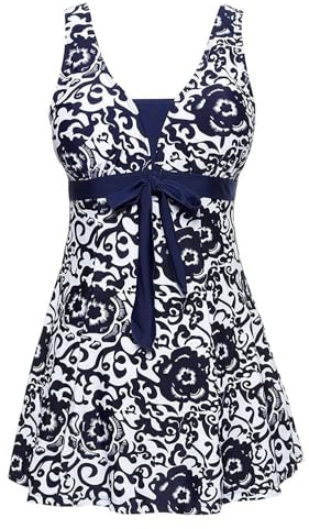 AMAGGIGO Women's Polka Dot One Piece Swimsuit Tummy Control Swimwear Swimdress with Skirt Swimming(1dark Blue,14(L))