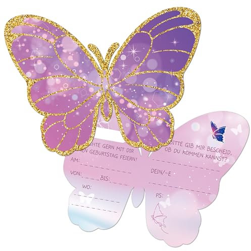 BIROYAL 12 Einladungskarten Kindergeburtstag Mädchen, Geburtstagseinladungen Kinder, 12.5 x 9.1 cm Schmetterlingen Einladungskarten, Einladungen Kindergeburtstag Mädchen, Geburtstag Einladungskarten
