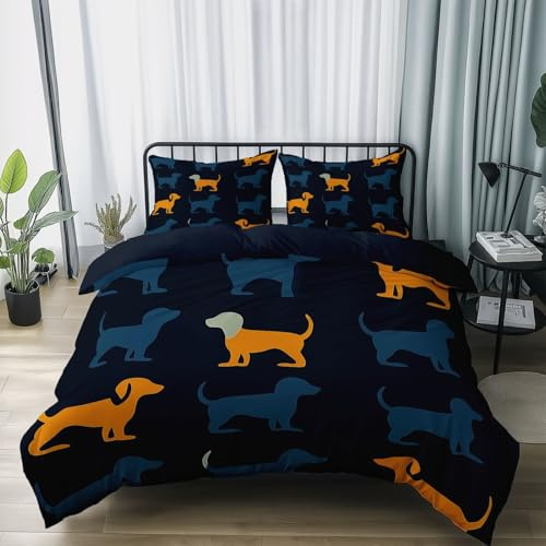Set Copripiumino Moda Stampa Animalier Bassotto Tema Decorazione Della Stanza Nero, Set di Biancheria da Letto Estiva Traspirante Microfibra 3 Pezzi 230 x 220 cm con 2 Federe 50 x 75 cm