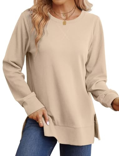 WIHOLL Sweatshirts for Women Oversized Jumpers Ladies Long Sleeve Tops Crewneck Tunic Side Split Beige L