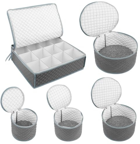 5Pcs Dinnerware Storage Container Set Oxford Cloth Quilted Dish Storage Box Portable Plate Storages Case with 48 Felt Inners Glassware Storages Container for Plates Cups Glassware
