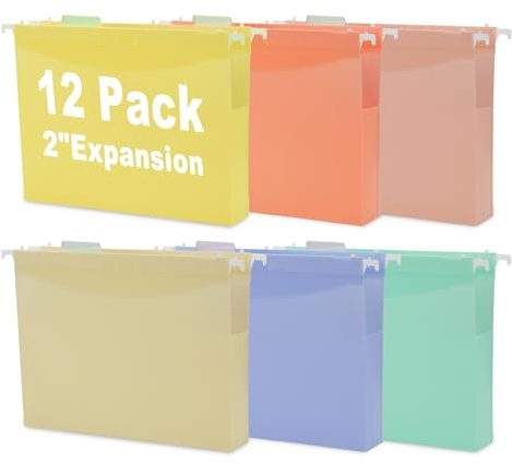 12 Pack A4 Plastic Hanging File Folders with Tabs, Colourful Accordion Design, PP Material, Expandable Hanging Folders for Filing Cabinet, Drawers & Office Organisation