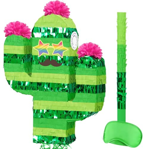 WERNNSAI Cactus Pinata - Mexican Tropical Hawaiian Pinata Fiesta Party Decorations with Stick and Blindfold Cinco de Mayo Supplies Summer Luau Taco Bar Decor Green Cactus Photo Prop