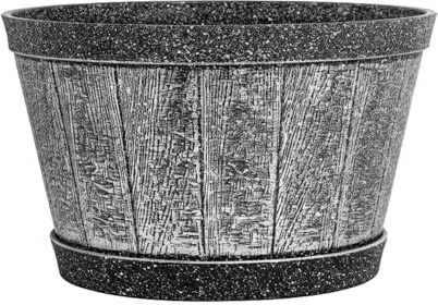 SG Traders Round Plastic Whisky Barrel Garden Pot Flower Pots Planter Tub Patio Pot Outdoor Traditional Barrel Brown with Silver Bands Garden Plant Pot Outdoors with Drainage Holes (Pack of 1)