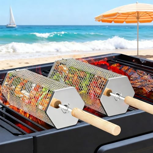 2 st rullande grillkorg, sexkantig med avtagbart trähandtag, rostfritt stål grill grönsaksbur, grill kapslingskorgar, grilltillbehör verktyg för grönsaker räkor