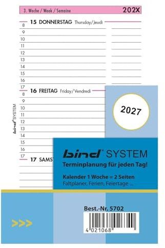 BIND B570227 Insert pour calendrier hebdomadaire A7 - Insert de minuterie année 2027-1 semaine / 2 pages - Agenda avec système - Calendrier pour planificateur système Bind et calendrier standard