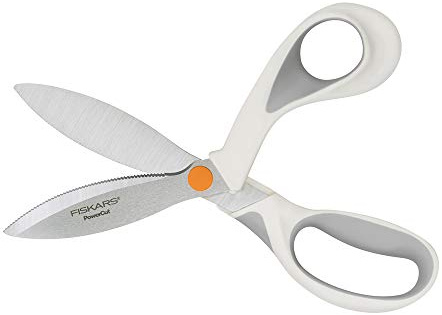 Fiskars SoftGrip PowerCut Fabric and Mixed Media Scissors - 8 Heavy Duty Scissors for Fabric, Cardboard, Cork, Decorative Metal and Foam Cutting with Serrated Blade Edge - White