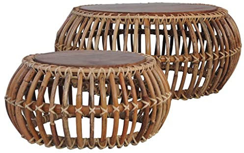 vidaXL 2X Couchtisch Beistelltisch Wohnzimmertisch Satztisch Kaffeetisch Sofatisch Rattan-Tisch Tisch Natur Rattan Holz-Tischplatte