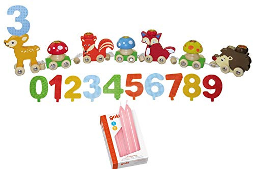 Ameisenkeks ® Juego de tren de cumpleaños con animales del bosque y 10 velas rosas