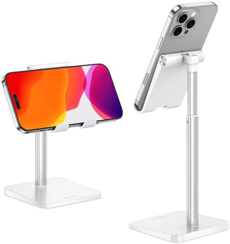 OMOTON Phone Stand, Angle Height Adjustable Vertical Desktop Mobile Phone Stand, Holder, Compatible with iPhone 17 16 15 14 13 Pro Max Air and All Smartphones (Up to 7 In)-White