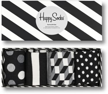 Happy Socks 4-Pack Classic Black & White Geschenkbox farbenfrohe und fröhliche Socken für Männer und Frauen, Schwarz-Weiß Größe 36-40