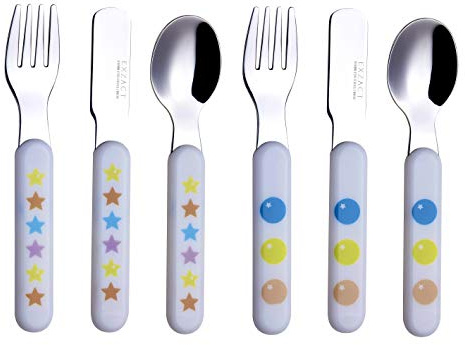 EXZACT Kids Cutlery 6pcs Stainless Steel 18/10 Children's Cutlery Set - incl. 2 x Forks, 2 Safety Knives; 2 x Dinner Spoons - Plastic Handle, Toddler Utensils BPA Free Flatware - Stars & Dots