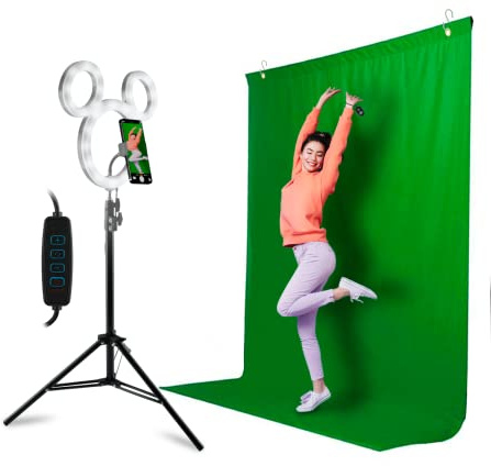 Disney Musse Pigg fotostudio Creator – selfie ringljus med stativstativ – grönt bildskärmsset inkl. grön skärm fotobakgrund och Bluetooth fjärrutlösare ultimat Tiktok/YouTube startset