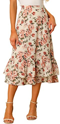 Allegra K Falda Estampada de Gasa con Volantes y Cintura elástica para Mujer, Beige Rosa-Floral, Small