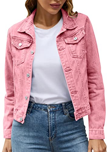 womens denim jacket vintage jeans jacket women autumn short transition jacket with button casual reversal cura coat, black (DE/NL/SE/PL, Alfa, XL, Regelbunden, Regelbunden, rosa)