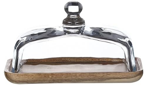 Dxcaicc Vassoio da Portata per Dessert in Legno di Acacia con Coperchio in Vetro, Piatti per Pane Multiuso, Contenitore per Torte per Burro, Frutta, Formaggio, Dessert, Antipasto, Verdura,B