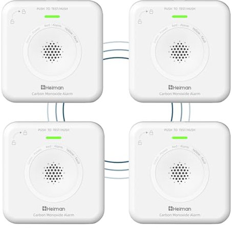 HEIMAN Kohlenmonoxid Melder mit 85 dB Alarm Vernetzt, EN50291 Zertifizierter CO Melder für Haus/Wohnung mit Deckel-/Wandmontage ohne Verkabelung (4 Stück Set)