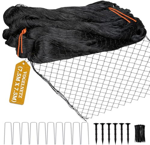 Filet Anti Oiseaux 7.5M x 7.5M - Protection Robuste pour Jardin, Poulailler et Arbres Fruitiers - Mailles 2.5cm, Noir - 6 Ancrages Inclus