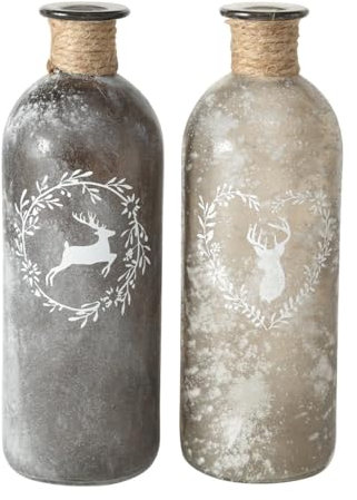 ReWu Vase Glasvase 2er-Set - Hirsch Motiv - Gefrostet Dekovase Dekoration Wohndekoration Dekorativ Glas Landhausstil Dekoflaschen Tischvasen Flaschenvase mit Sisalband 7 x 21 cm