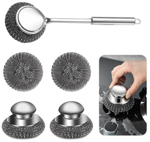 Stainless Steel Scourers with Handle with 2 Replacement Pads and 1Pcs Steel Wool Scrubber with Long Handle, Heavy Duty Cleaning Supplies for Cleaning Kitchen Pots Pans Grills Sink