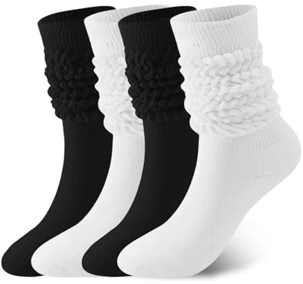 HAGOT 4 Paare Kniestrümpfe Damen Slouch Socke, Stulpen Socken, Lange Socken, Baumwolle Beinwärmer, Beinstulpen Slouchy Socks, EU35-39