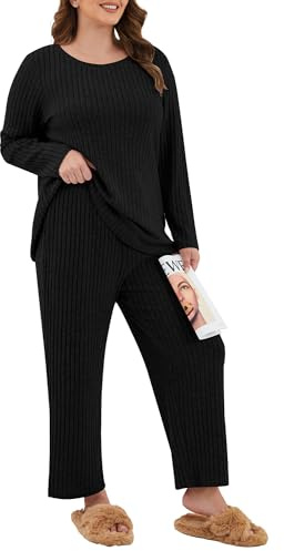 TIANZHU Plus Size Women's Pajamas Set Loungewear 2-Piece Ribbed Pyjama Set with Wide Leg Trousers & Pockets, Black, Size 26-28