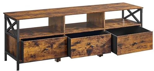 VASAGLE Mueble de TV, Mesa de TV de hasta 65 Pulgadas, con 3 Cajones de Tela y 3 Compartimentos Abiertos, 147 x 40 x 50 cm, para Salón, Dormitorio, Marco de Acero, Marrón Rústico y Negro LTV304KD01