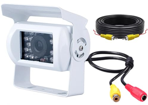 TitanAuto Telecamera di Retromarcia HD Bianca per Furgoni, Auto, Camion e Autobus, Visione Notturna IR 18 LED, Impermeabile, con Cavo AV 15M, 12V-24V, Sistema di Parcheggio Assistito