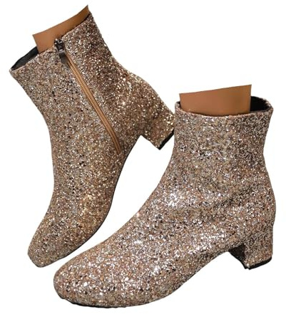 Xbemkste Botines para mujer, tacón grueso, botas de tobillo con purpurina, botas cortas con cremallera, para fiestas, bodas, elegantes botas de mujer, dorado, 36 EU
