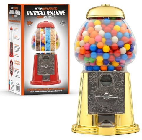 CKB LTD Hucha con dispensador de caramelos retro grande para guardar chicles, funciona con monedas, 28 cm de alto, tamaño grande 28 x 15,3 x 16,5 cm, color dorado