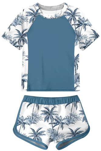 Fanient Traje de Baño para Niñas con Protección Solar UPF 50+ de Dos Piezas de Secado Rápido de Manga Corta Y Estampado para Niñas de 8-14 Años